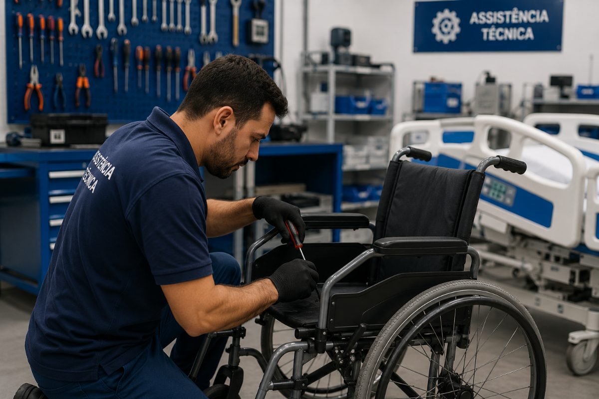 Técnico de assistência Vital Scheffer fazendo manutenção de equipamento hospitalar